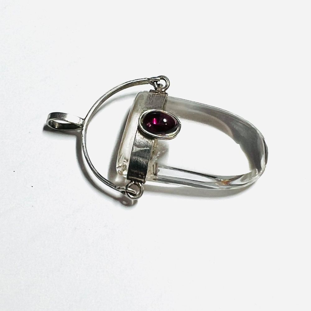 Crystal Quartz Pendant, Sterling Silver & Garnet Cabochon, Talisman, Boho - Picture 5 of 9